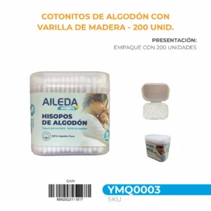 COTONITOS DE ALGODÓN CON VARILLA DE MADERA 200 UNID.